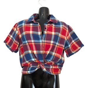 Women's Medium Absolutely Creative Worldwide Plaid/Checked Red and Blue Crop Top